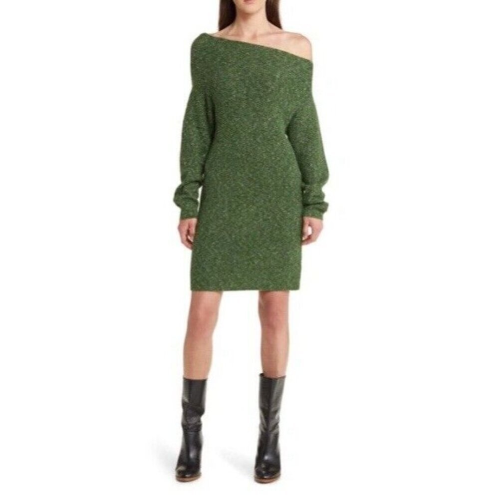 TREASURE & BOND Green Ribbed One Shoulder Long Sleeve Sweater Dress Size L